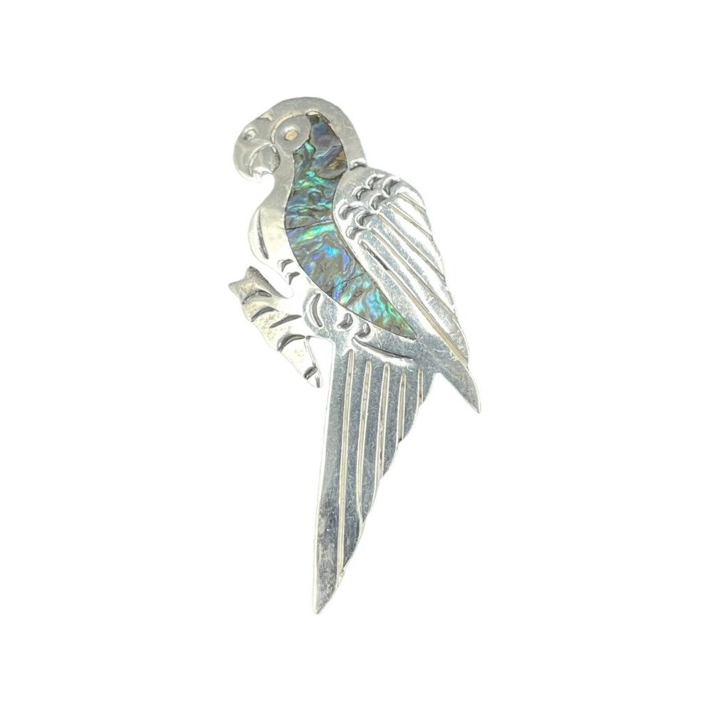 Vintage Mexico Signed MR Abalone Inlaid Sterling Silver 925 Parrot Bird Brooch
